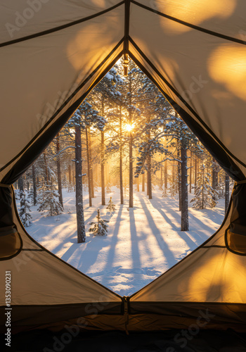 Winter Camp Serenity: Cozy Tent Amidst Snowy Pine Forest Landscape