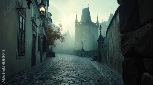 Fototapeta Naklejka Na Ścianę i Meble -  A cobblestone street in Prague, misty morning light revealing gothic architecture --ar 16:9 --v 6.1 Job ID: ed45dd7d-25ac-4711-87be-b6018fb4c9fd