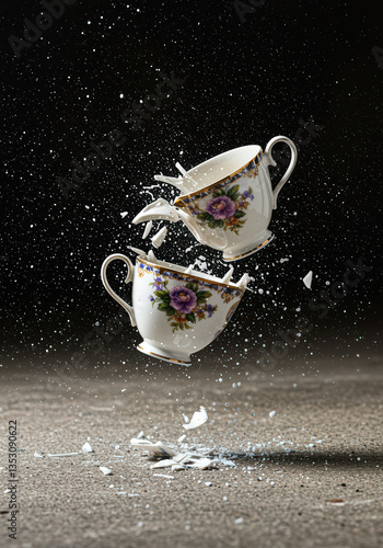 Dramatic High-Speed Photography: Shattered Porcelain Tea Cup in Motion Freeze