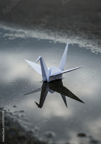 Origami Crane Art: Serene Minimalist Water Reflections in Nature-Inspired Photography