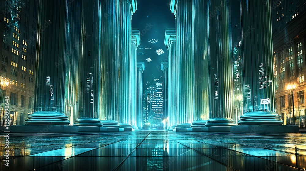 Futuristic city street with glowing cyan columns at night.