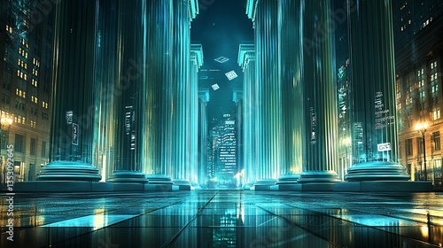 Obraz na płótnie Futuristic city street with glowing cyan columns at night. w salonie