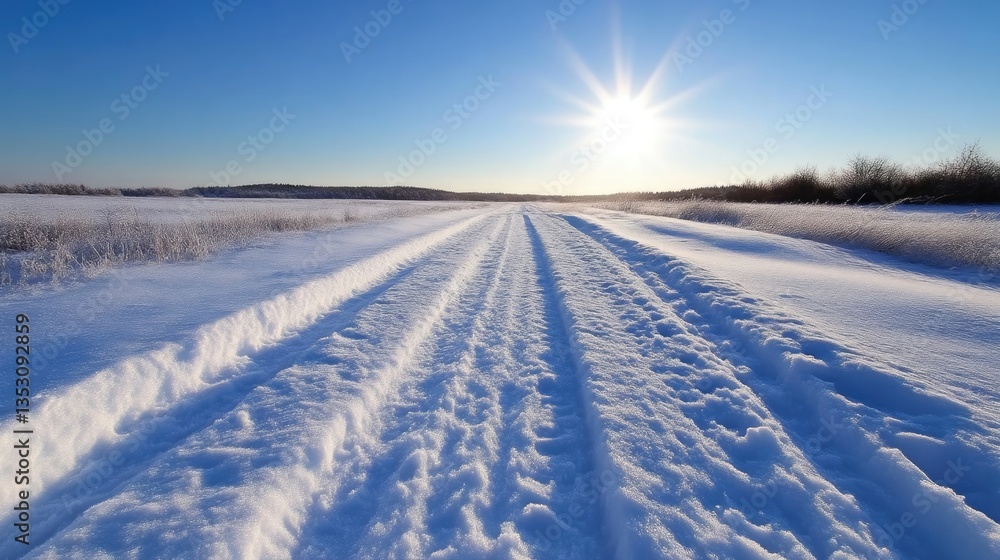 Snowy winter road leading to a bright sun Snowy winter road leading to a bright sun