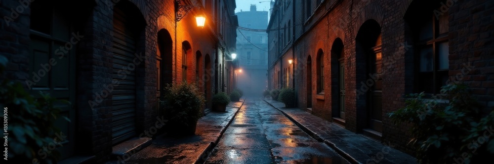 Obraz premium Moody dark alleyway with old bricks and mortar, rain soaked, wet, grunge, abandoned