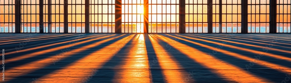 Sunrise light streaming through large windows creates dramatic shadows on the floor of an empty industrial space at dawn, illuminating the serene atmosphere and hinting at a new day ahead Sunrise light streaming through large windows creates dramatic shadows on the floor of an empty industrial space at dawn, illuminating the serene atmosphere and hinting at a new day ahead