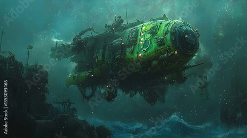 Underwater steampunk submarine exploring sunken city, dark fantasy scene, concept art
