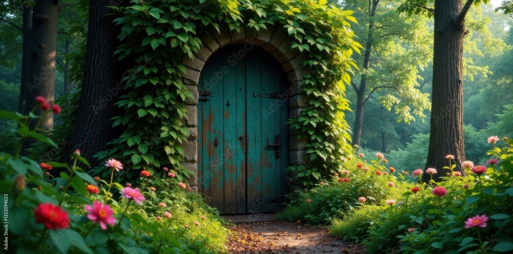 Old door with vines and flowers in the forest, surrounded by tall trees, greenery, outdoor Old door with vines and flowers in the forest, surrounded by tall trees, greenery, outdoor