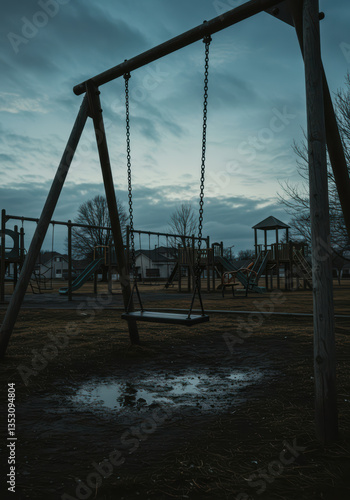 Empty Playground Swing Set Silhouetted at Moody Dusk in Urban Park – Cloudy Evening with Wet Ground and Nostalgic Landscape – Children's Recreation Area with Eerie Atmosphere