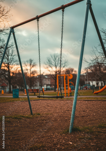 Vibrant Outdoor Playground with Swings and Slides at Sunset - Perfect for Children's Recreation and Childhood Enjoyment in a Safe Park Environment