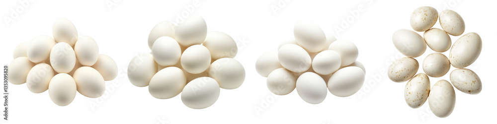 Piles of white and speckled eggs show size and color variation indicating multiple origins, varieties, or quality grades. Piles of white and speckled eggs show size and color variation indicating multiple origins, varieties, or quality grades.