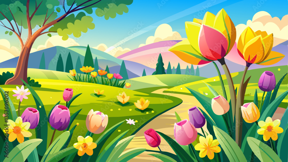 Fototapeta premium radiant spring landscape where bright yellow daffodils and pink tulips bloom in harmony