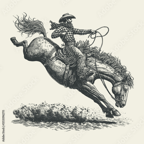 A cowboy rides a bucking bronco in a rodeo vector illustration