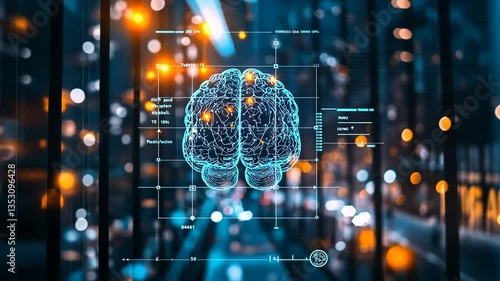 Digital Brain Network in Glowing City at Night