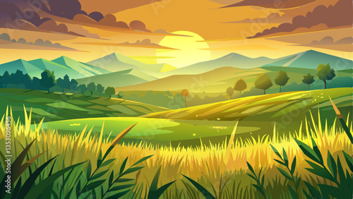 quiet green meadow with endless grass, basking under the warm glow of the afternoon sun