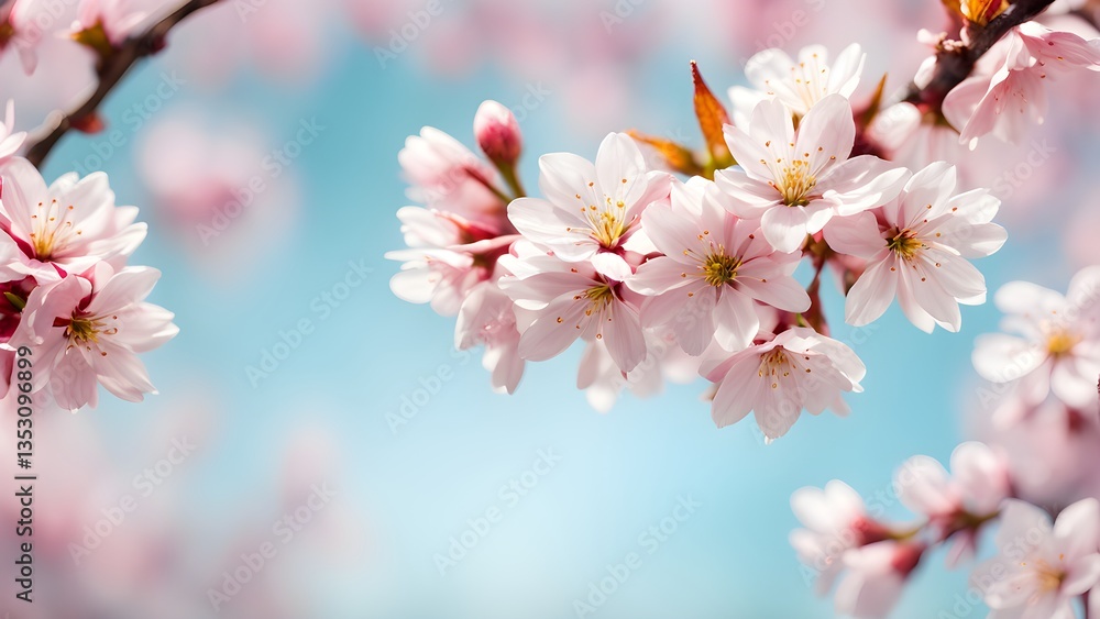 Close-up delicate pink cherry blossoms blooming a branch against a soft blue sky. Close-up delicate pink cherry blossoms blooming a branch against a soft blue sky.