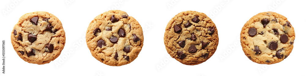 Four golden chocolate chip cookies arranged in a line. Four golden chocolate chip cookies arranged in a line.