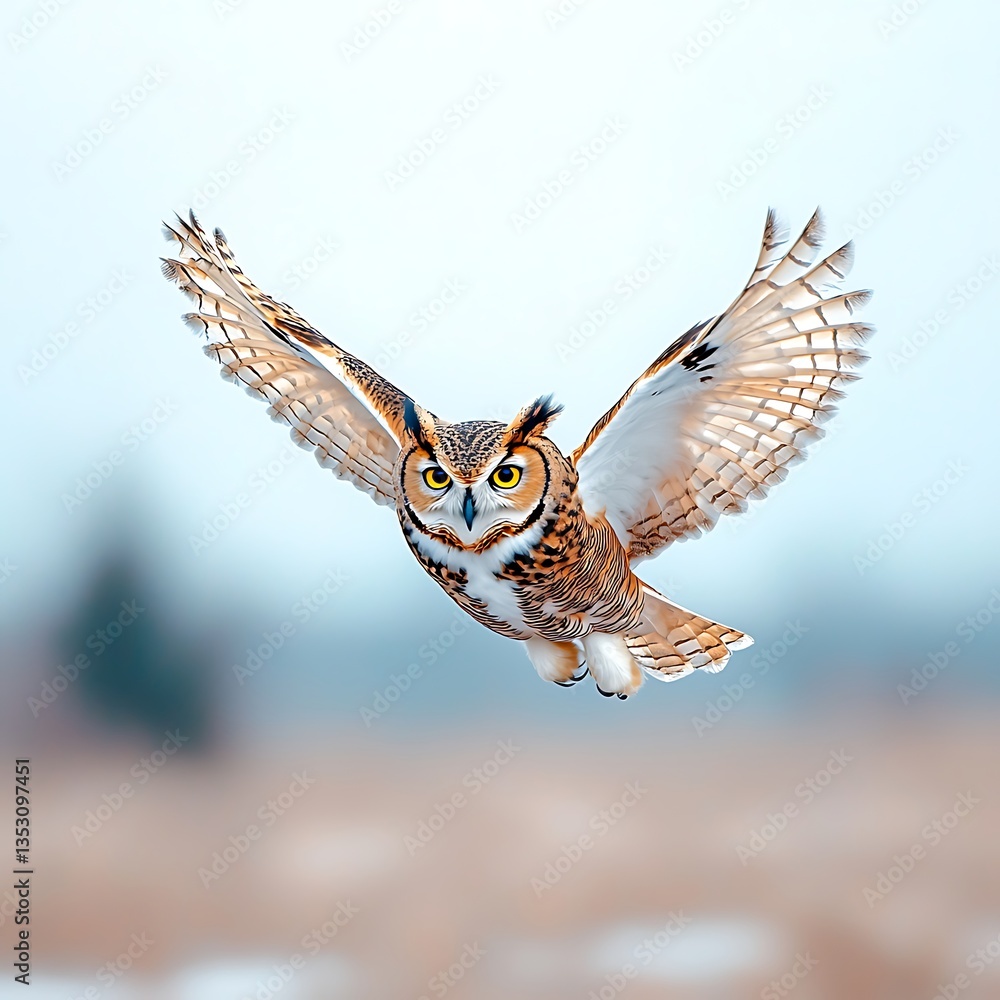 Obraz premium Great Horned Owl in Flight for Winter Field.