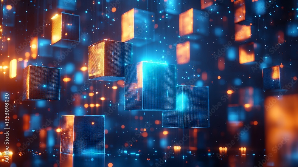 Abstract glowing cubes and particles.