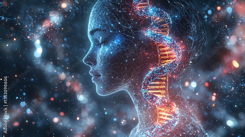 Woman's profile, DNA, science, technology, futuristic, abstract, glowing.