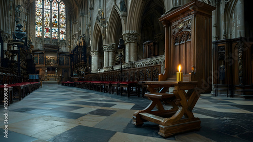 Lit candle on wooden prie-dieu in Gothic church interior, stained glass window background, peaceful worship scene