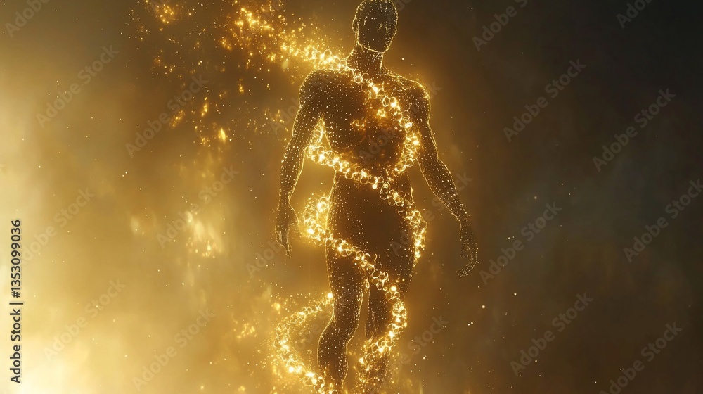 Glowing human form with DNA helix.