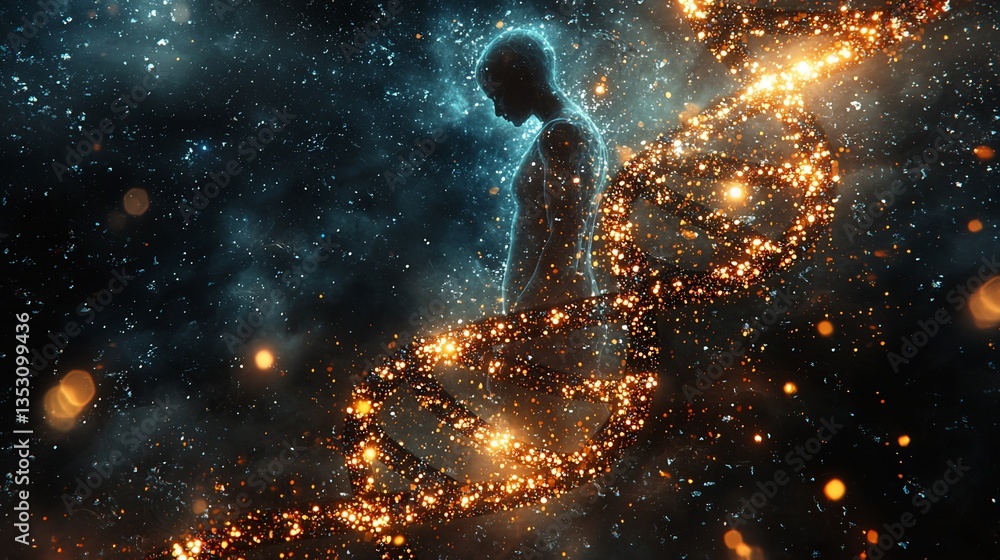 Glowing human figure intertwined with DNA helix in space.