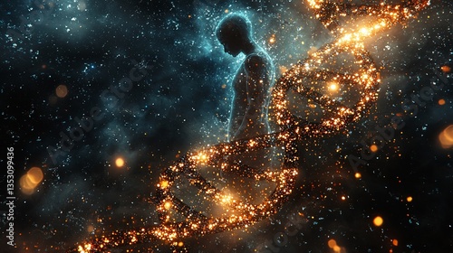Glowing human figure intertwined with DNA helix in space.