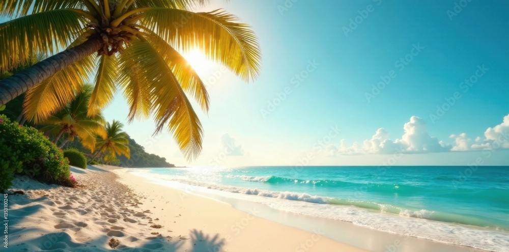 Obraz premium Sandy ocean beach with palm trees under warm sunlight, tropical, palm trees