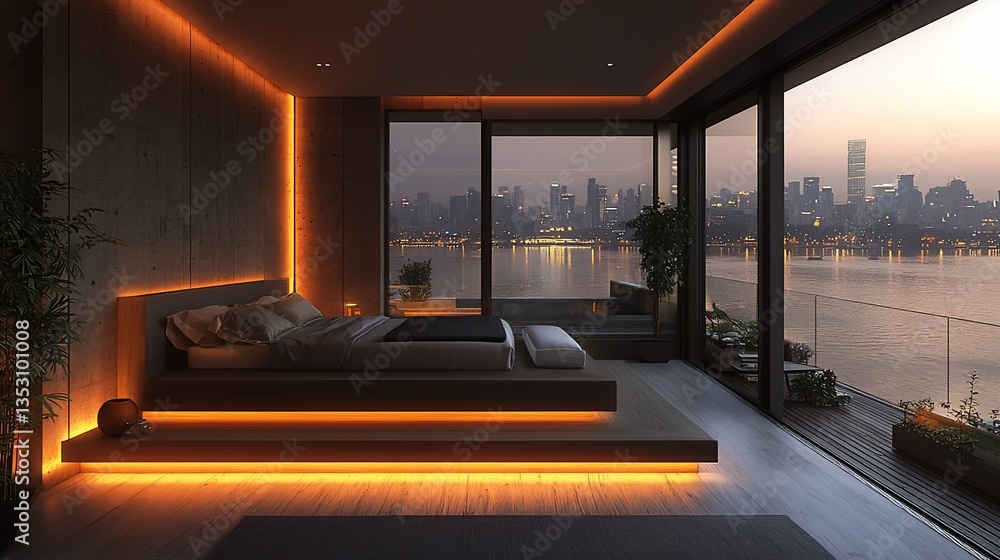 Modern bedroom with city view, warm LED lighting, platform bed.
