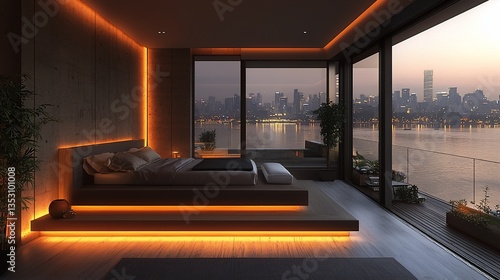Obraz na płótnie Modern bedroom with city view, warm LED lighting, platform bed. w salonie