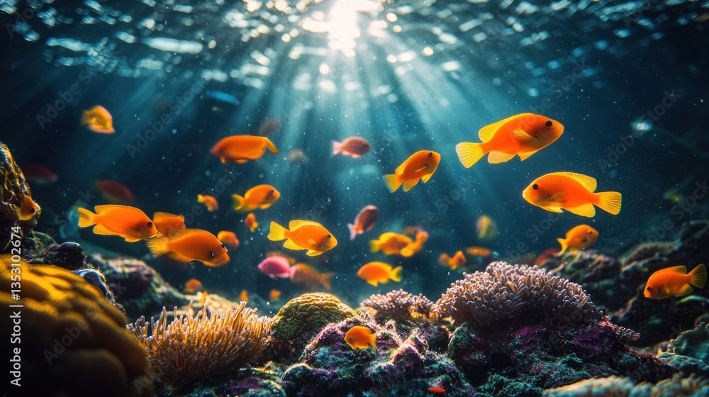 Fototapeta premium Orange fish swim over a colorful coral reef in sunlit ocean