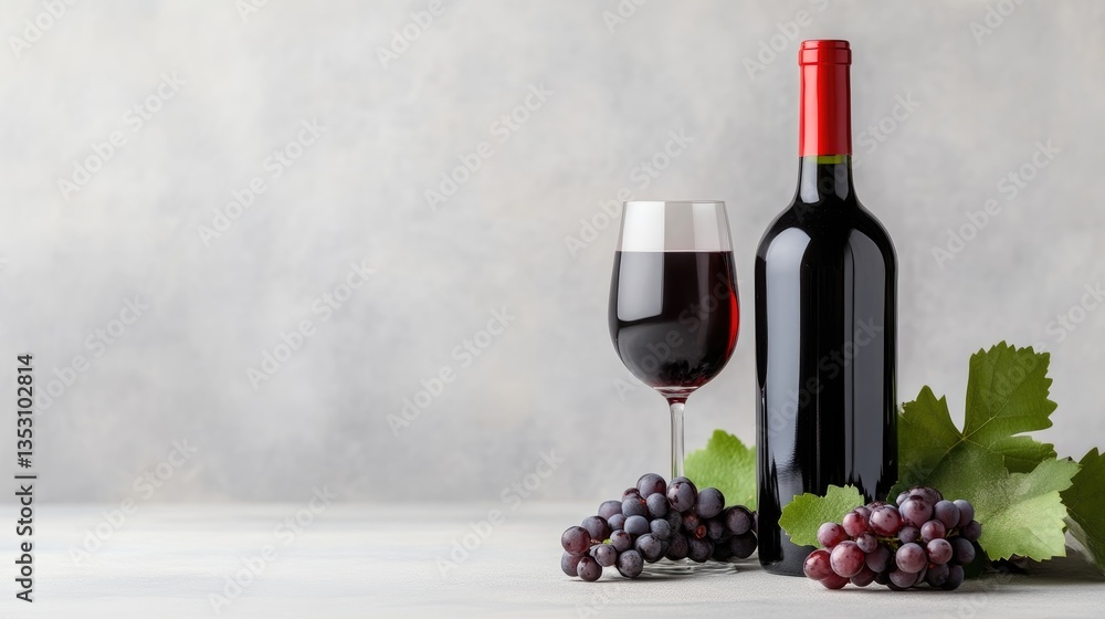 Obraz premium Red wine bottle and filled glass stand next to fresh grapes with green leaves on a light grey textured background.