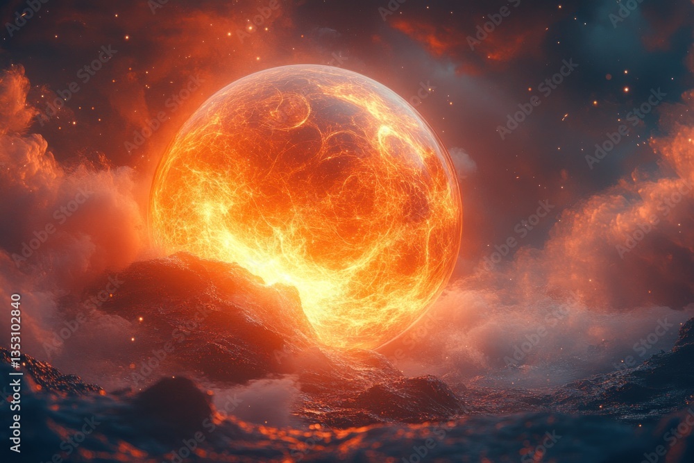 Obraz premium Fiery planet rising over volcanic sea, cosmic cloudscape background, apocalyptic scene