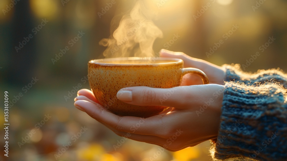 Woman's hands holding warm autumn beverage in forest.