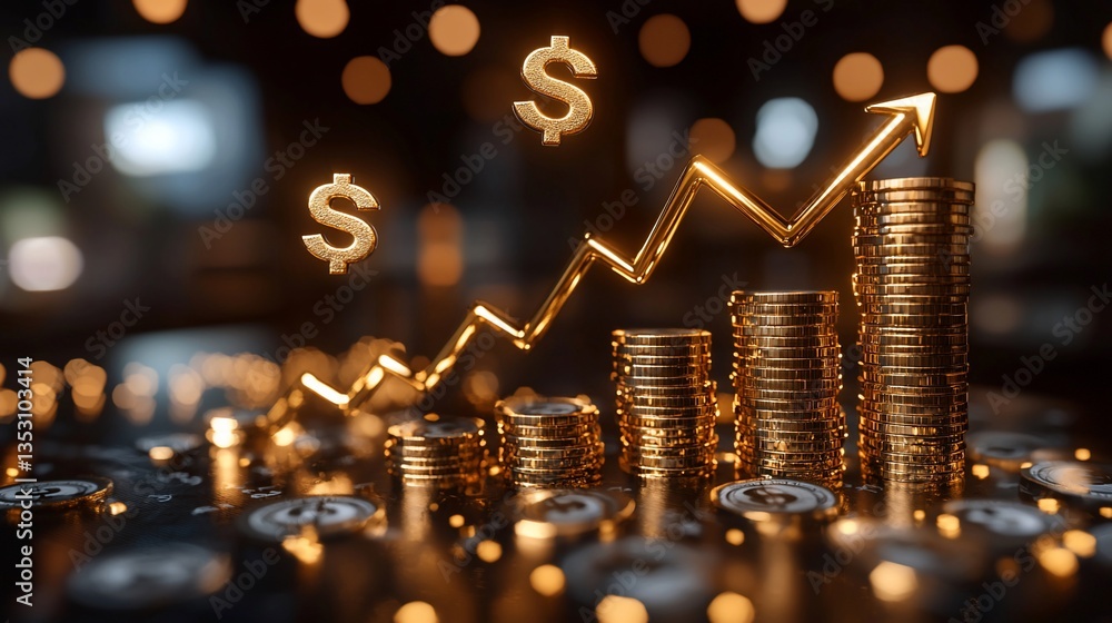 Rising gold coins with upward arrow and dollar signs, illustrating financial growth and success.