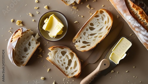 A cozy flat-lay featuring a freshly baked baguette or sourdough loaf, partially sliced, with a small dish of butter and a wooden butter knife. 