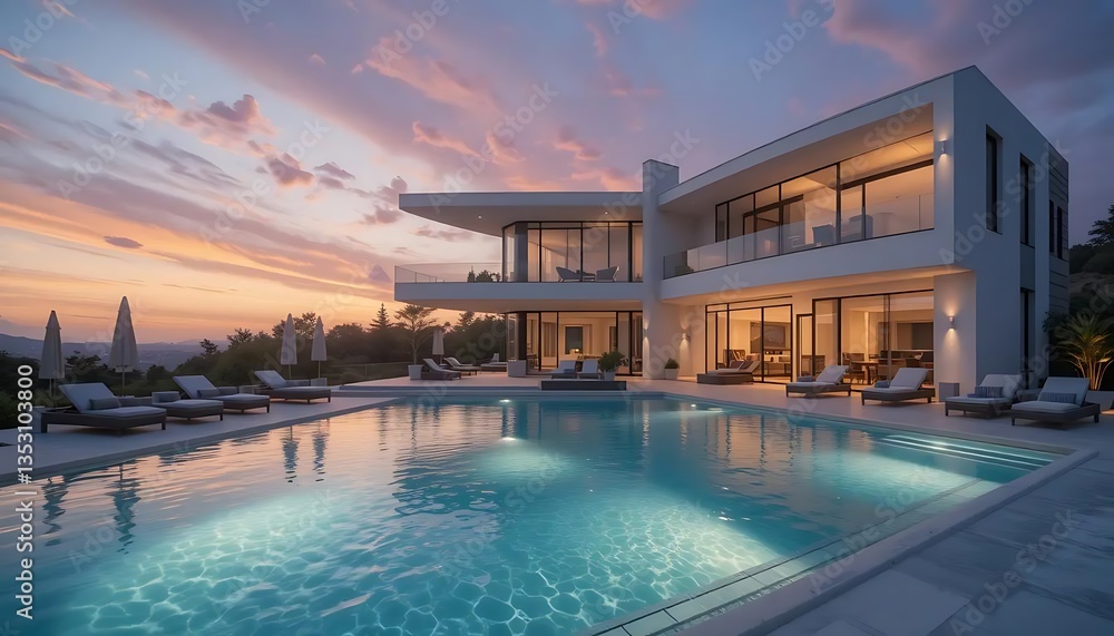 Modern architecture villa with swimming pool and sunset sky reflected in water Modern architecture villa with swimming pool and sunset sky reflected in water