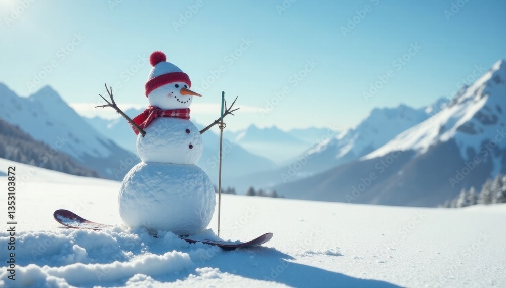 Obraz premium Snowman standing alone in vast snowy field with skis and snowboard, monochrome scene, frosty atmosphere
