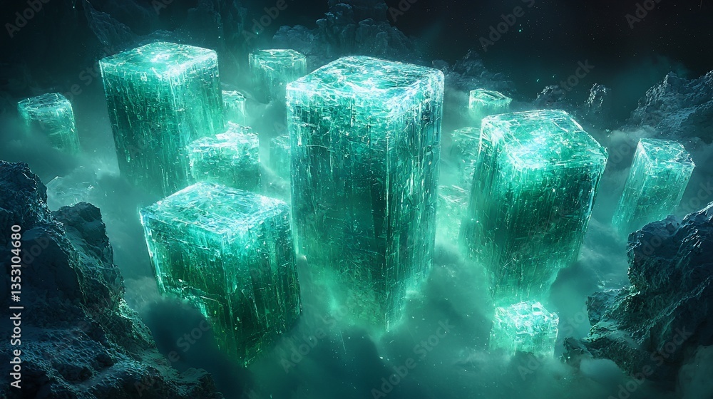 Glowing teal crystals on a dark, rocky surface.