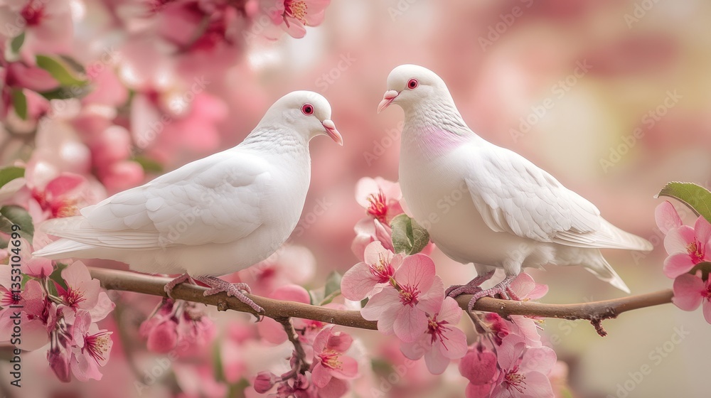 Fototapeta premium Two white doves on a blossoming pink tree branch