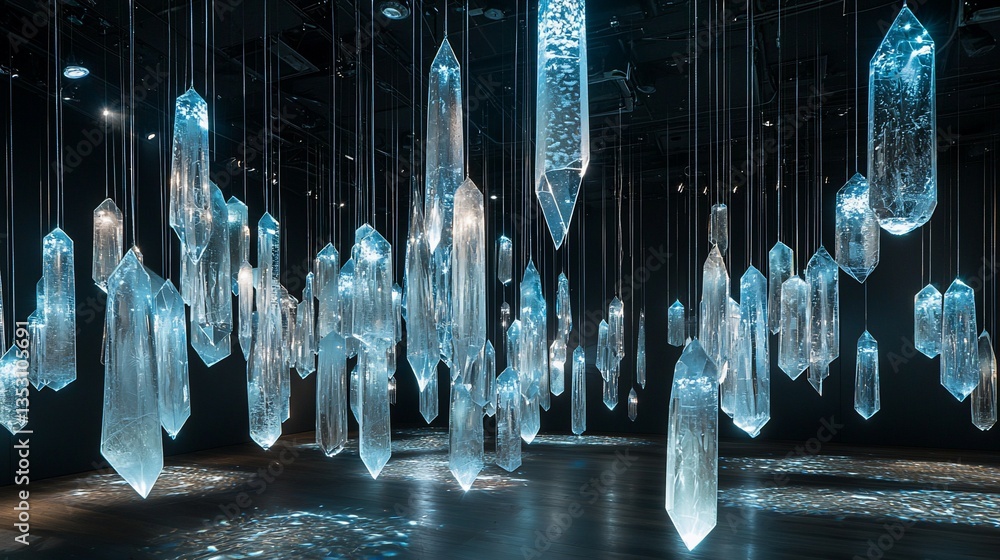 Illuminated crystal sculptures hang from ceiling in dark room.