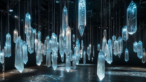 Obraz na płótnie Illuminated crystal sculptures hang from ceiling in dark room. w salonie