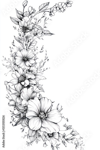 Detailed illustration showcases a collection of flowers and their foliage