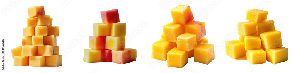 Stacks of diced mango, cubed yellow orange and red fruit. Stacks of diced mango, cubed yellow orange and red fruit.