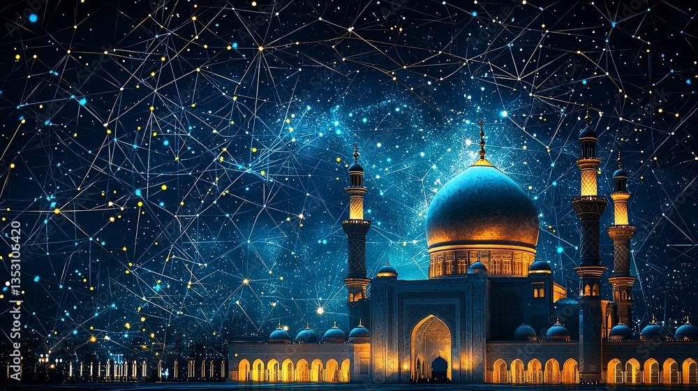 Illuminated mosque at night under a starry sky with digital network connections.