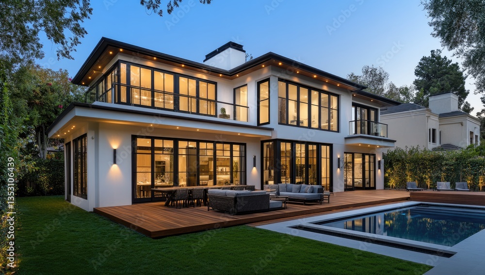 Modern Estate Home with Pool at Dusk Modern Estate Home with Pool at Dusk
