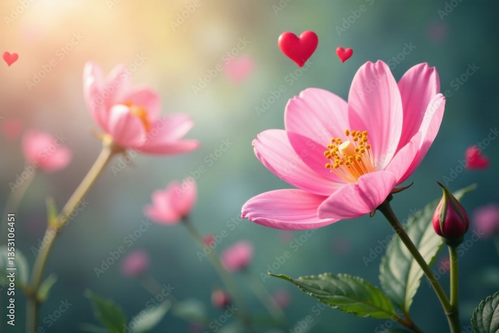 Fototapeta premium Soft pink flowers wave in the breeze with delicate red hearts attached , spring, wave