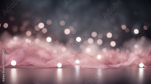 Soft pink ribbon with sparkling lights creates an ethereal and romantic ambiance. A dreamy abstract scene with delicate elegance.