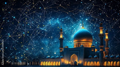 Obraz na płótnie Illuminated mosque at night under a starry sky with digital network connections. w salonie