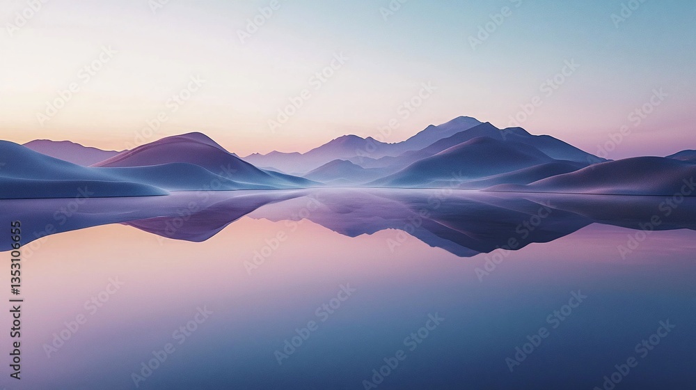 Serene sunrise over misty mountains reflected in calm lake.